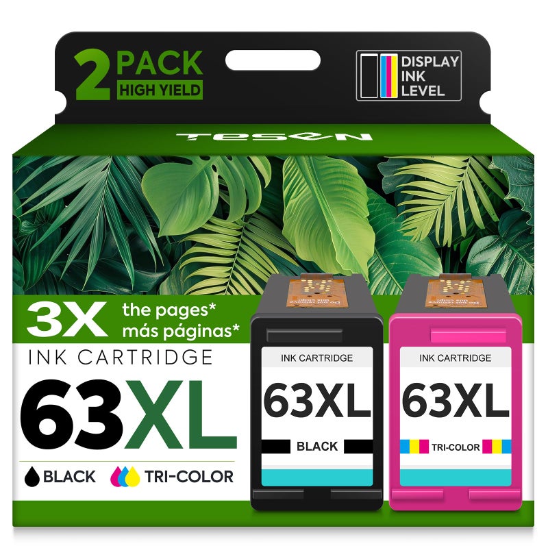 TESEN 63XL Ink Cartridge Replacement for HP Ink 63 HP63 HP63XL Compatible for HP Officejet 4650 5258 5200 3830 5255 4655 4652 5252 Deskjet 3630 3634 1112 Envy 4510 4520 Printer 2-Pack Black Tri-Color - Image 1