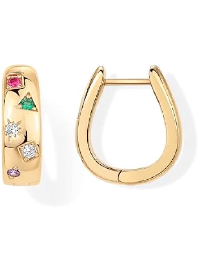 PAVOI 14K Gold Plated 925 Sterling Silver Posts Chunky Huggie Earrings for Women | Multi-Colored Cubic Zirconia Statement Hoop Earrings  - Image 1