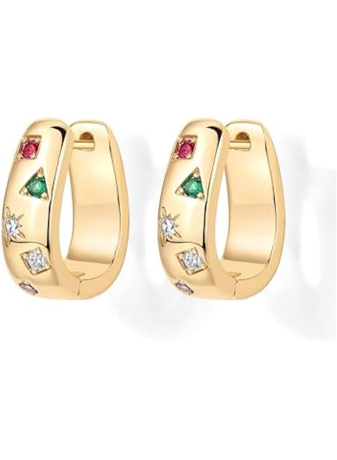 PAVOI 14K Gold Plated 925 Sterling Silver Posts Chunky Huggie Earrings for Women | Multi-Colored Cubic Zirconia Statement Hoop Earrings  - Image 3