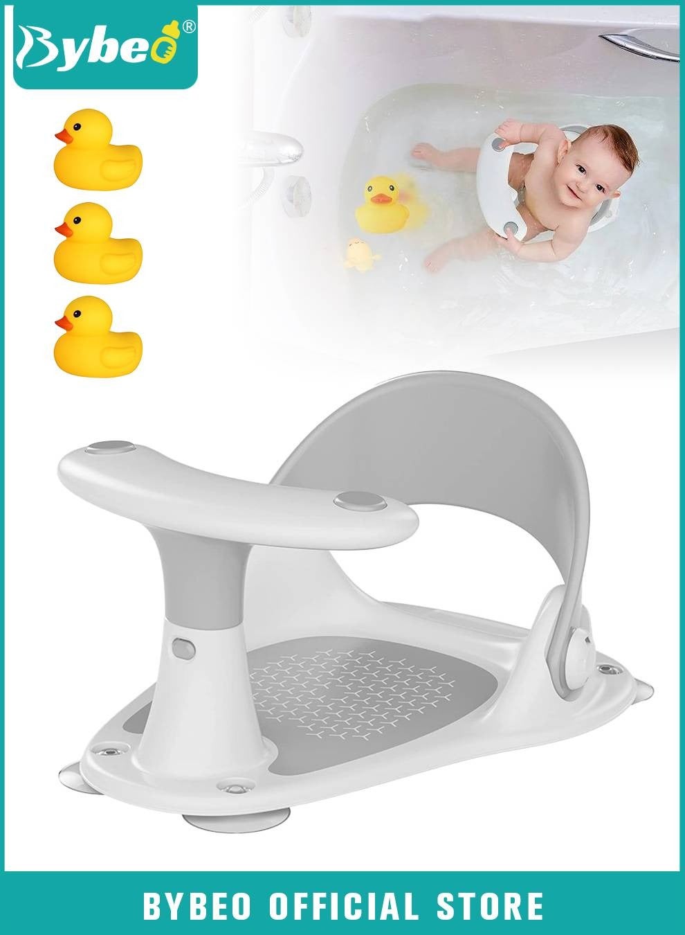 Bybeo Baby Bath Seat – Infant Bathtub Portable Chair + Carry Bag – Compact and Foldable – Ultra Strong Suction Cups. Ideal Gift! (Grey)