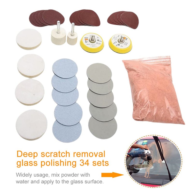Tookie Glass Polishing Kit, 34Pcs/Set Multifunctional Scratch Remover Window Repair Tool, Cerium Oxide Polishing Powder Polishing Pad and Wheel for Windscreen and Glass - Image 2