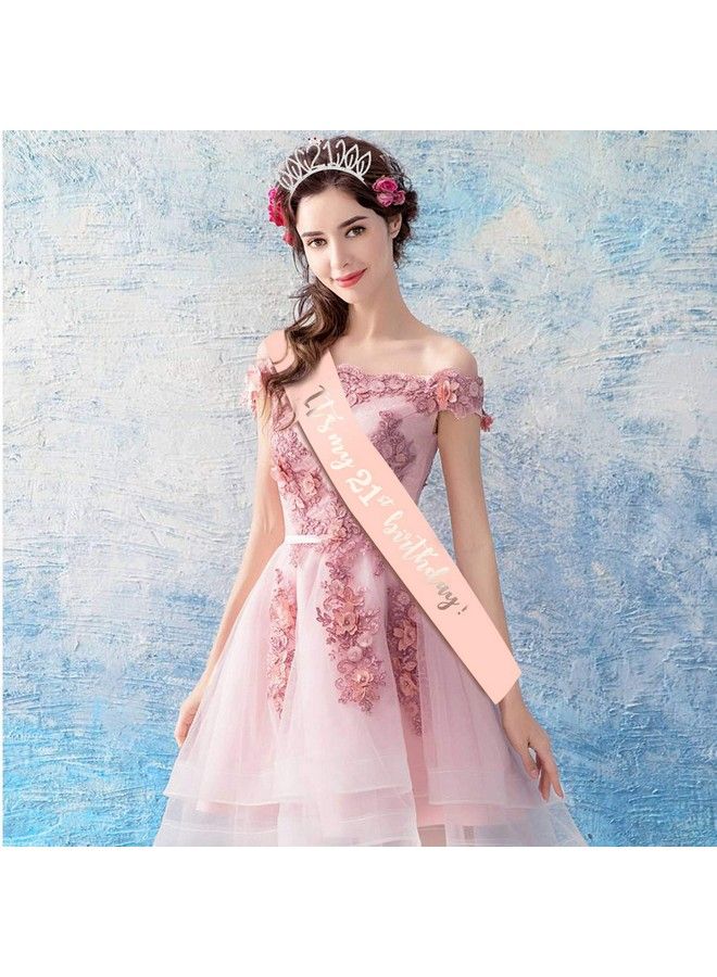 HOWAF شريط زفاف باللون الوردي الذهبي لعيد الميلاد الحادي والعشرين إنه عيد ميلادي الحادي والعشرين شريط ساتان وتاج تيارا تاج رأس مرصع بالأحجار الكريمة لعيد الميلاد هدية عيد الميلاد الحادي والعشرين إكسسوارات عيد الميلاد للفتيات والنساء - Image 5