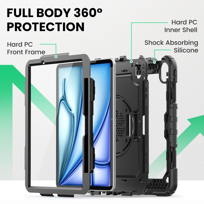 SEYMAC Case for iPad Air 11 Inch M4 / M3 / M2 (2026/2025 / 2024), Heavy Duty Shockproof Protective Case with Screen Protector, 360Â° Rotating Stand and Hand/Shoulder Strap, Black - Image 5