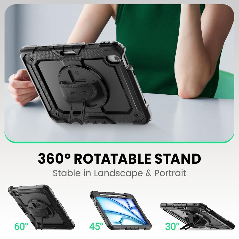 SEYMAC Case for iPad Air 11 Inch M4 / M3 / M2 (2026/2025 / 2024), Heavy Duty Shockproof Protective Case with Screen Protector, 360Â° Rotating Stand and Hand/Shoulder Strap, Black - Image 4