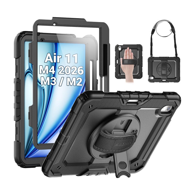 SEYMAC Case for iPad Air 11 Inch M4 / M3 / M2 (2026/2025 / 2024), Heavy Duty Shockproof Protective Case with Screen Protector, 360Â° Rotating Stand and Hand/Shoulder Strap, Black - Image 1