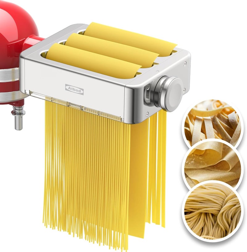 Atbod All Metal 3 In 1 Set Pasta Maker Attachment for KitchenAid, Included Pasta Sheet Roller, Spaghetti Cutter, Fettuccine Cutter Maker Accessories And Cleaning Brush - Image 1