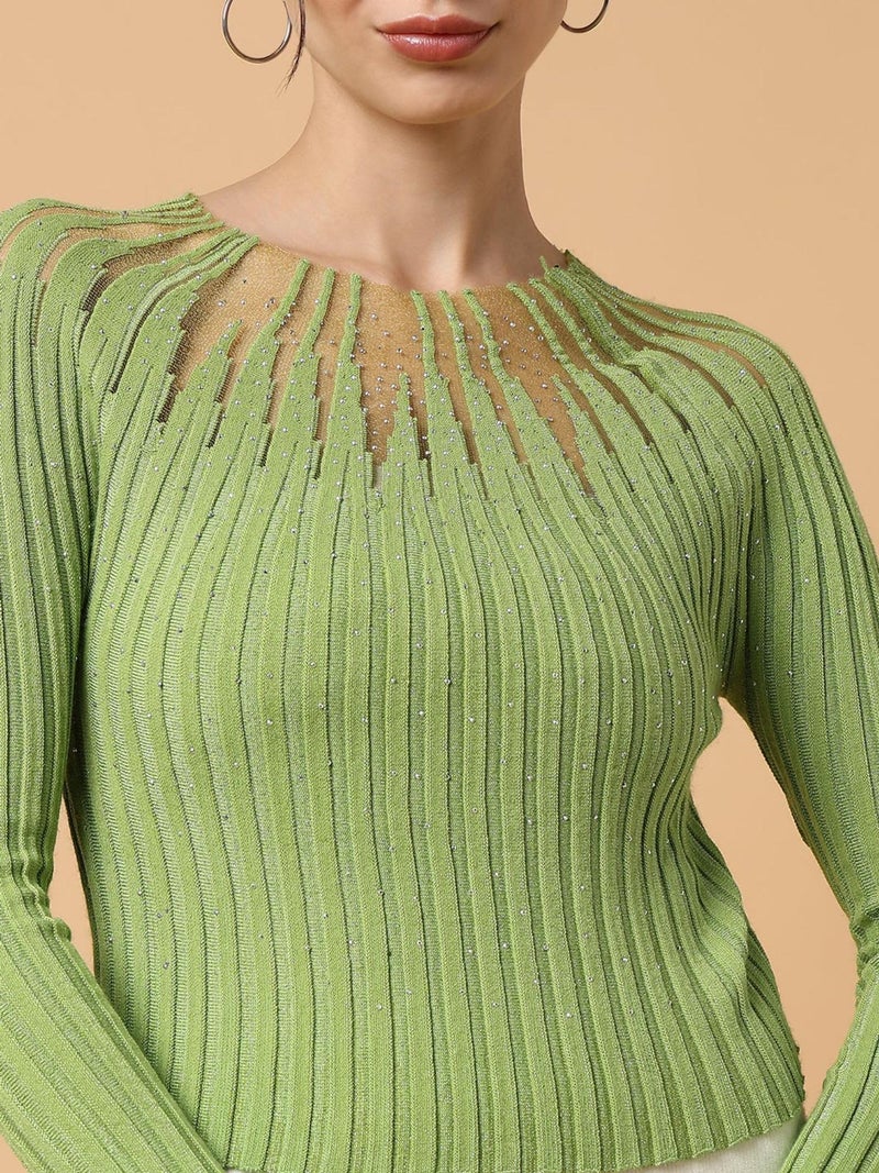 ICW Women Knitted Rhinestone Embellised Daimond Studded Mesh Round Neck Long Sleeve Crop Top T-Shirt 206 (Small, Green) - Image 2