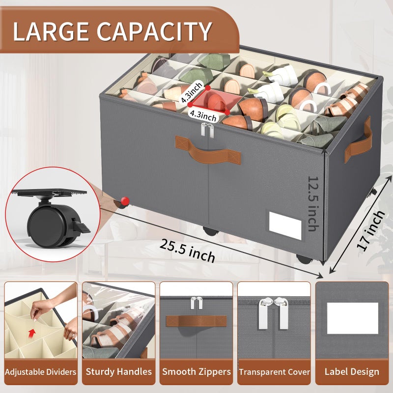 Foyego Shoe Organizer for Closet, Shoe Storage Organizer with Wheels and Adjustable Dividers, Stackable Shoe Storage Box with Clear Cover, Foldable Closet Shoe Organizer Fits up to 24-48 Pairs, Gray - Image 2