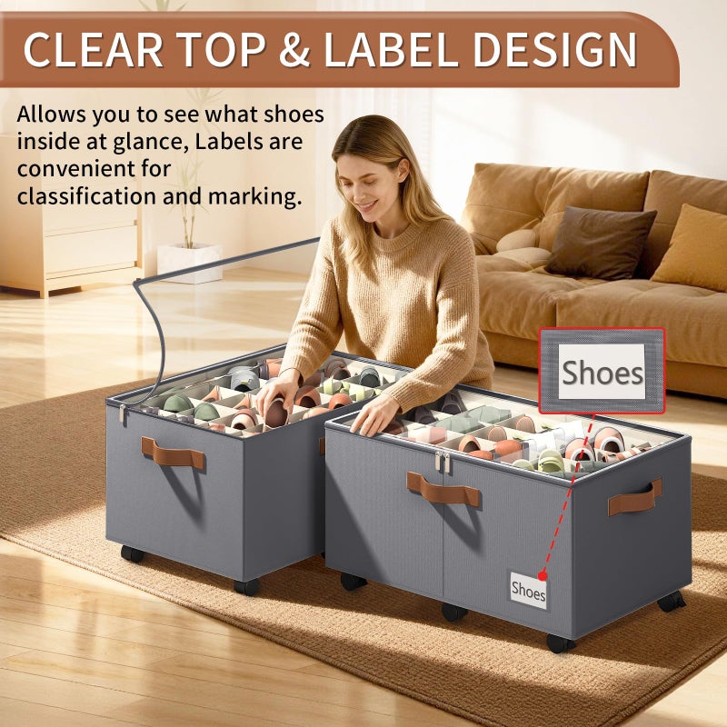 Foyego Shoe Organizer for Closet, Shoe Storage Organizer with Wheels and Adjustable Dividers, Stackable Shoe Storage Box with Clear Cover, Foldable Closet Shoe Organizer Fits up to 24-48 Pairs, Gray - Image 4