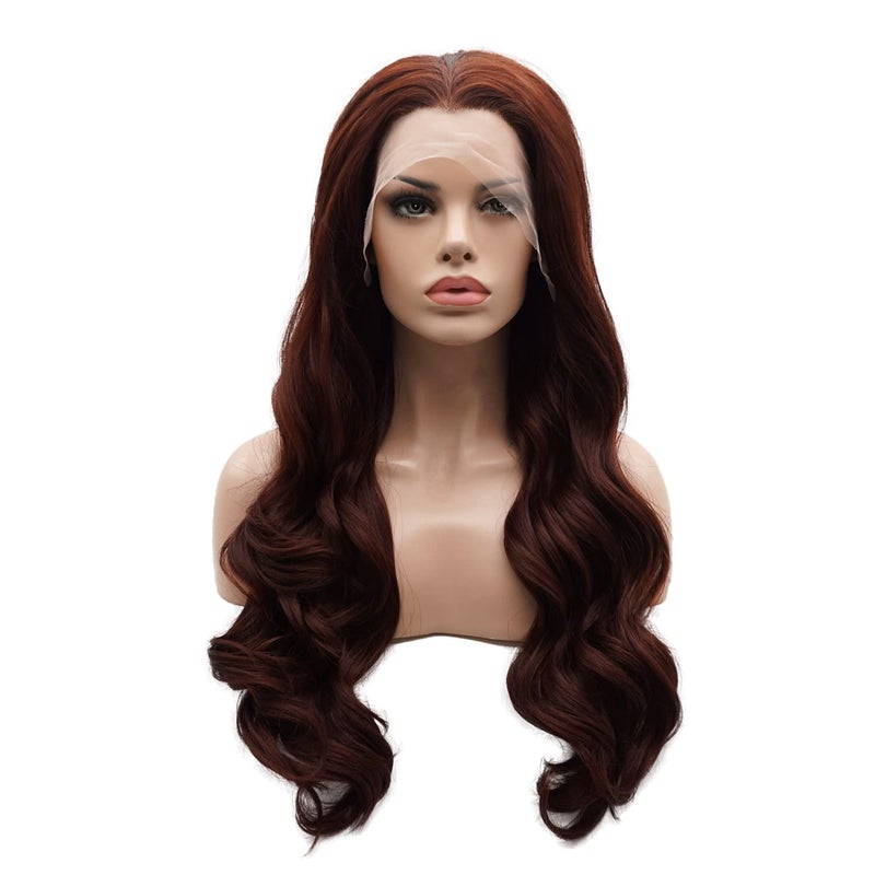 Lushy Lushy Long 24inch Wavy Auburn Wig Heavy Density Heat Resistant Realistic Synthetic Lace Front Wigs 