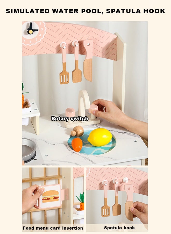 JSAITOYS Children Role Play Toy Pretend Pink Wooden Kitchen Toy Toddler Simulation Cooking Indoor Play Game Kids Educational Wooden Toy - Image 4