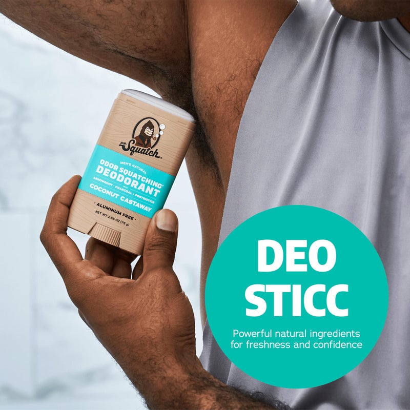 Dr. Squatch Natural Menâ€™s Deodorant â€“ Aluminum Free Natural Deodorant Men with Charcoal & Postbiotics for 72-Hour Odor Protection â€“ Coconut Castaway, 2.65oz Stick (3-Pack) - Image 5