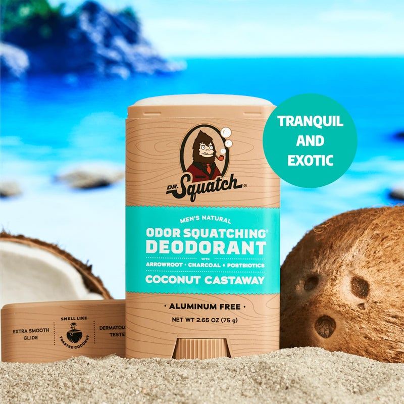Dr. Squatch Natural Menâ€™s Deodorant â€“ Aluminum Free Natural Deodorant Men with Charcoal & Postbiotics for 72-Hour Odor Protection â€“ Coconut Castaway, 2.65oz Stick (3-Pack) - Image 2