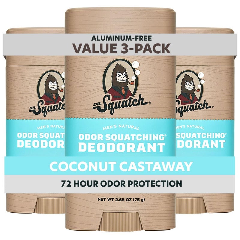 Dr. Squatch Natural Menâ€™s Deodorant â€“ Aluminum Free Natural Deodorant Men with Charcoal & Postbiotics for 72-Hour Odor Protection â€“ Coconut Castaway, 2.65oz Stick (3-Pack) - Image 1