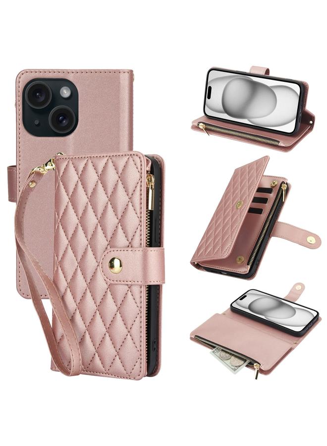 اس-توب جراب هاتف iPhone 15 YM016 محفظة بطاقات جلدية بسحاب معيني الشكل مع حبل تعليق - Image 1