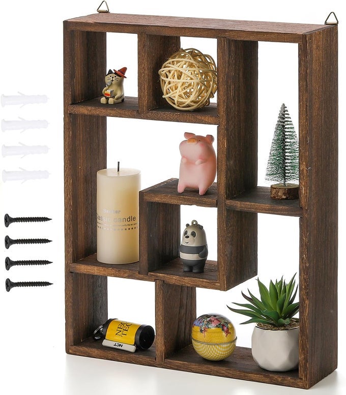 WOOD SHADOW BOX 15 X 12 CUBES DISPLAY SHELF FREESTANDING WALL MOUNTABLE FLOATING SHELVES 7COMPARTMENT KNICKKNACK DISPLAY ORGANIZER WITH SCREWS
