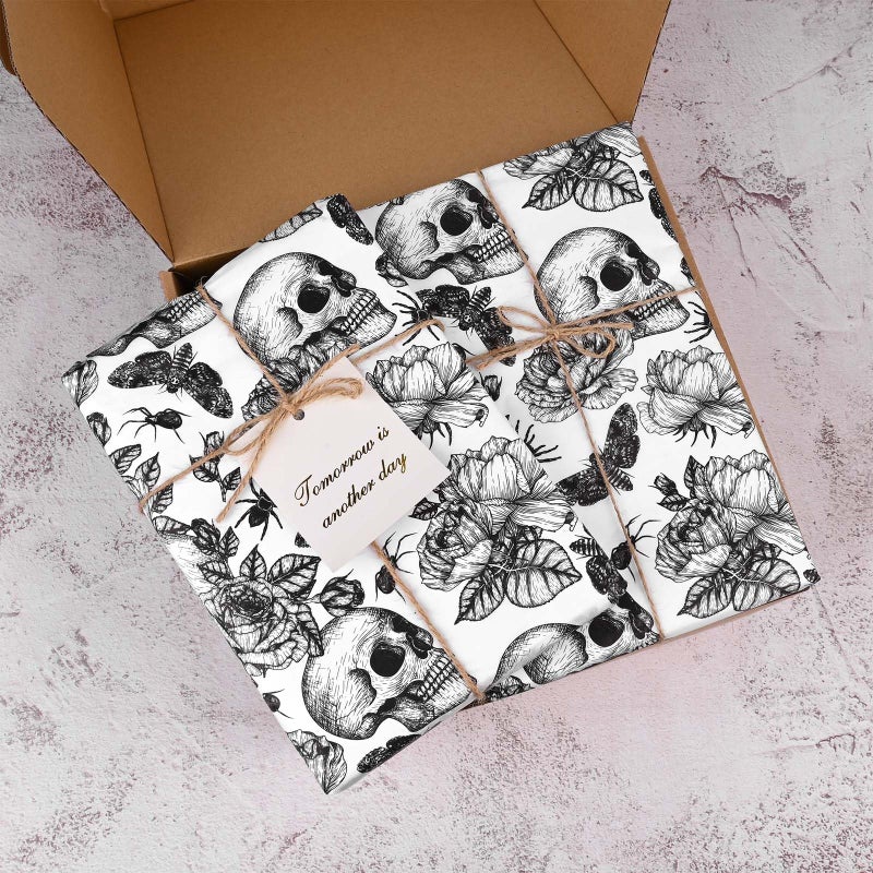 Bolsome 100 Sheets Vintage Skull and Floral Tissue Paper for Gift Wrapping Skull Rose Butterfly Spider Printed Tissue Paper for Gift Bags for Halloween Party DIY Craft, 20 Ã— 14 Inches - Image 4