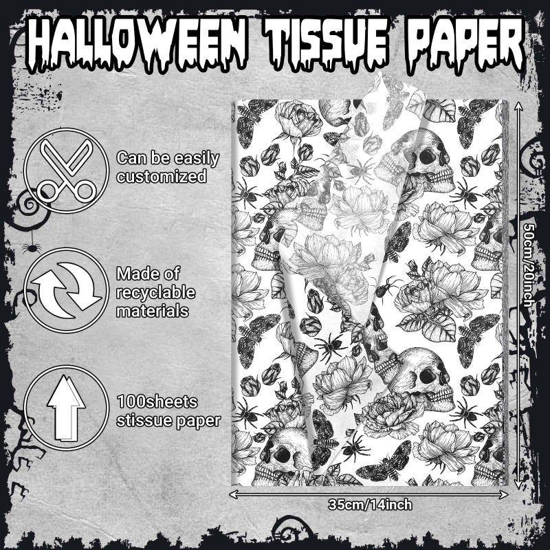 Bolsome 100 Sheets Vintage Skull and Floral Tissue Paper for Gift Wrapping Skull Rose Butterfly Spider Printed Tissue Paper for Gift Bags for Halloween Party DIY Craft, 20 Ã— 14 Inches - Image 2