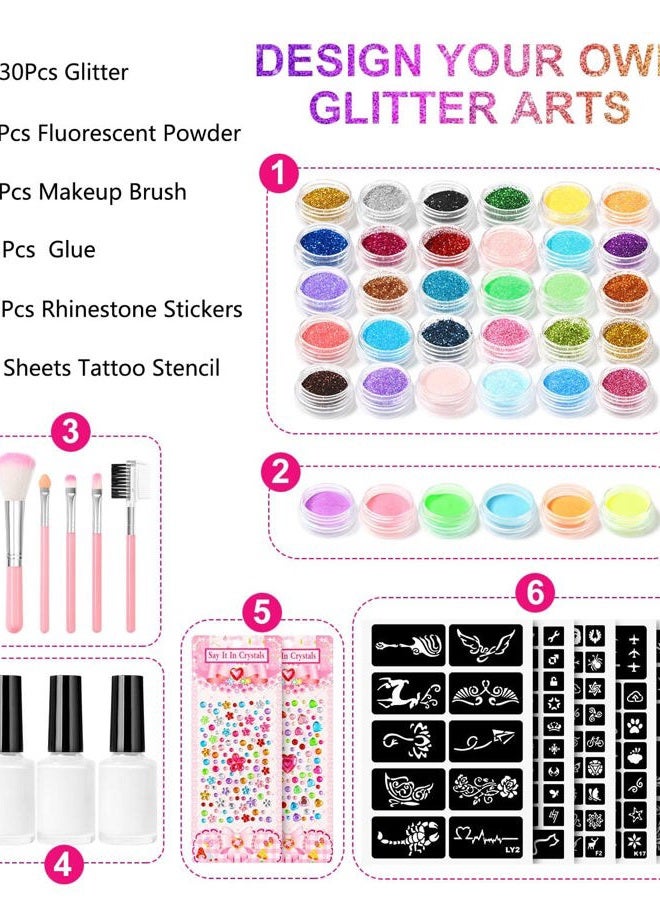DOUBORQ Temporary Glitter Tattoo Kit for Kids makeup,30 Body Glitter,3 Glitter Glue,5 Sheets Tattoos Stencil,5 Pcs Makeup Brush,6 Fluorescent Powder,Rhinestone Stickers,Holiday,Party,Nail Art - Image 2