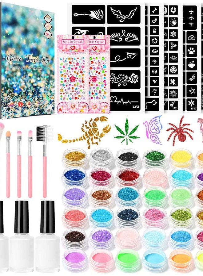 DOUBORQ Temporary Glitter Tattoo Kit for Kids makeup,30 Body Glitter,3 Glitter Glue,5 Sheets Tattoos Stencil,5 Pcs Makeup Brush,6 Fluorescent Powder,Rhinestone Stickers,Holiday,Party,Nail Art - Image 1