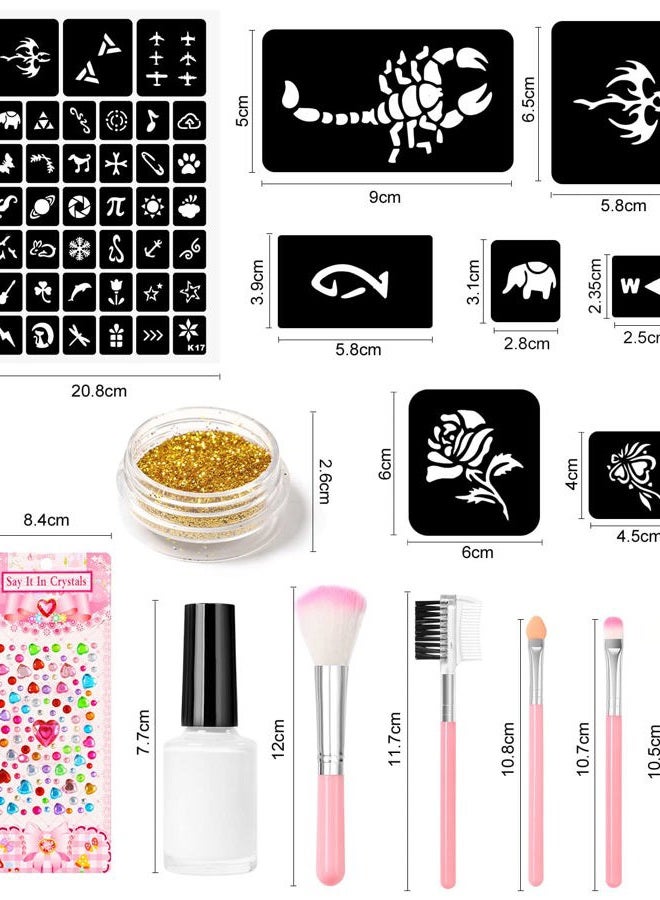 DOUBORQ Temporary Glitter Tattoo Kit for Kids makeup,30 Body Glitter,3 Glitter Glue,5 Sheets Tattoos Stencil,5 Pcs Makeup Brush,6 Fluorescent Powder,Rhinestone Stickers,Holiday,Party,Nail Art - Image 4