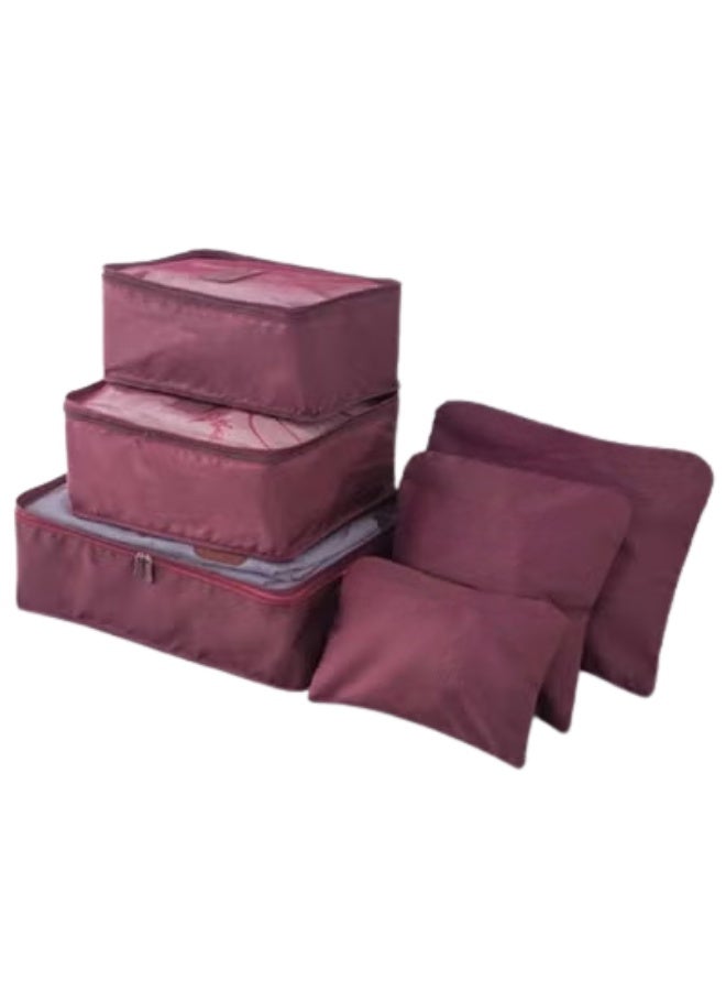 6-Piece Travel Luggage Storage Bag Set - 3 Travel Storage Bags + 3 Small Clothing Organizers (Deep Red) - Image 1