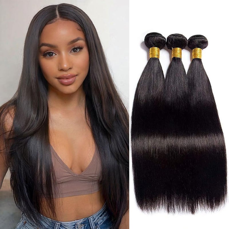 Rebasar Straight Bundles Human Hair 12 12 12 Inch 100 Unprocessed Brazilian Virgin Hair Weave Bundles Human Hair for Women Remy Trippy Human Hair Bundles Natural Black Raw Weft Hair Extensions