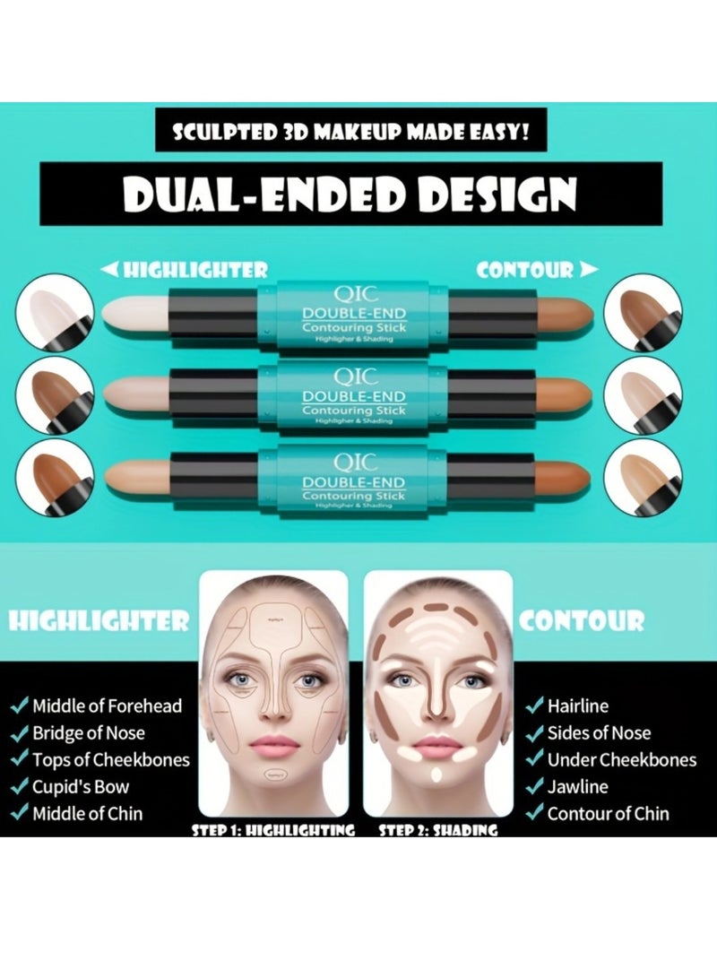 QIC 2 in1 Contouring Stick Highlighting Contour Highlighter Makeup Stick Double ended Eye Concealer Stick Facial Highlighter Makeup Mineral Contour Concealer Smooth Cream Bronzer Stick Shading Stick 03  - Image 3