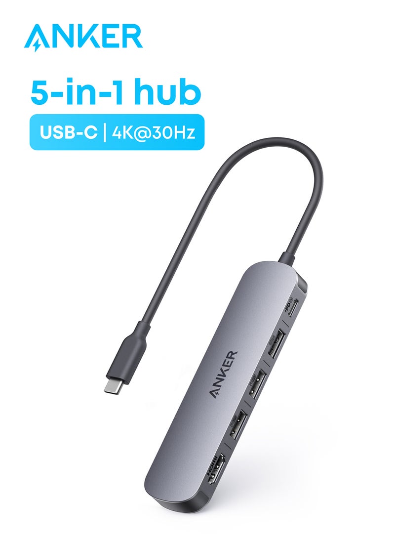 Anker USB-C Hub (5-in-1), 4K@30Hz HDMI with 100W Max Power Delivery, USB-C and USB-A Data Ports, Compact and Stylish for MacBook, Dell XPS, and More (Charger Not Included) - Image 1