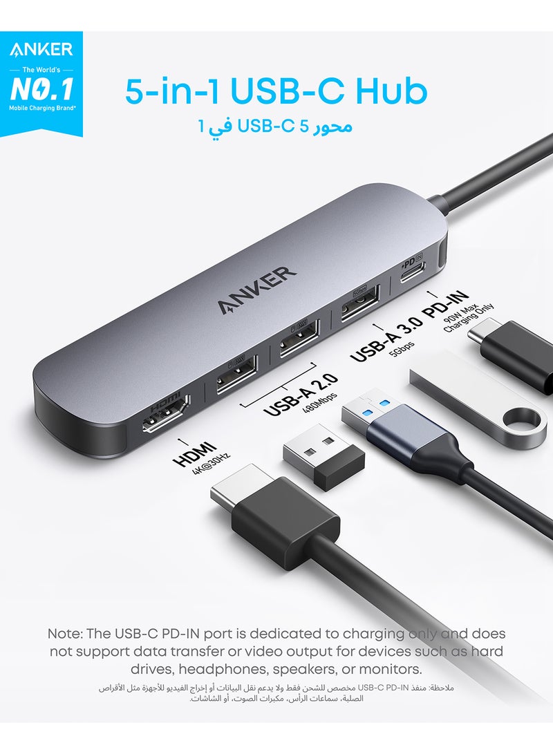 Anker USB-C Hub (5-in-1), 4K@30Hz HDMI with 100W Max Power Delivery, USB-C and USB-A Data Ports, Compact and Stylish for MacBook, Dell XPS, and More (Charger Not Included) - Image 2