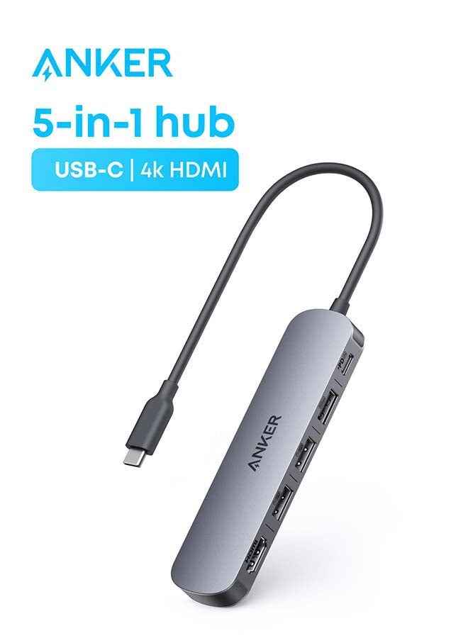Anker USB-C Hub (5-in-1), 4K@30Hz HDMI with 100W Max Power Delivery, USB-C and USB-A Data Ports, Compact and Stylish for MacBook, Dell XPS, and More (Charger Not Included) Gray