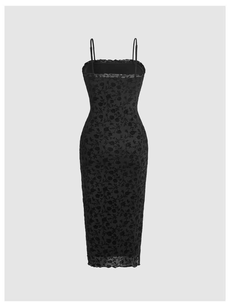 Verdusa Women's Floral Mesh Bodycon Long Cami Dress Slimming Dress Semi Formal Dresses Holiday Party Outfits Black Medium - Image 2