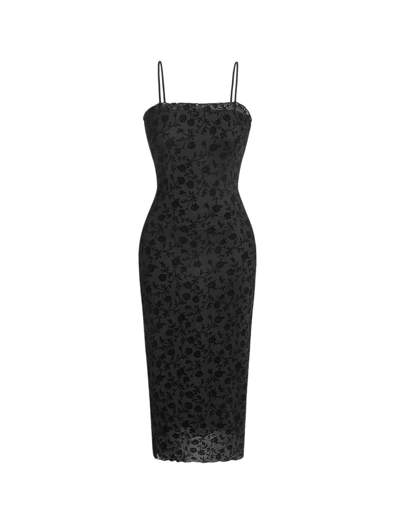 Verdusa Women's Floral Mesh Bodycon Long Cami Dress Slimming Dress Semi Formal Dresses Holiday Party Outfits Black Medium - Image 1