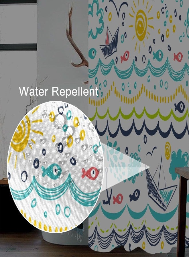 Uiiooazy Cartoon Sea Fishes Shower Curtain for Bathroom Clouds Sun Waterproof Fabric Bathtub Curtains Rain Boat Cartoon Wave Bathroom Decoration for Kids Shower Curtains with Hooks 65x72 inches - Image 3