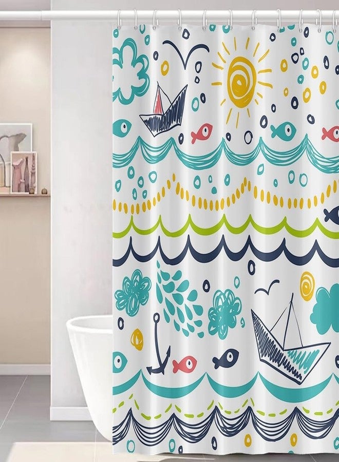 Uiiooazy Cartoon Sea Fishes Shower Curtain for Bathroom Clouds Sun Waterproof Fabric Bathtub Curtains Rain Boat Cartoon Wave Bathroom Decoration for Kids Shower Curtains with Hooks 65x72 inches - Image 1