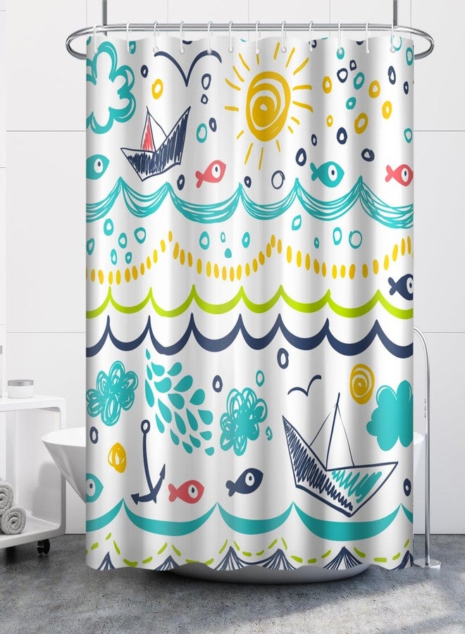 Uiiooazy Cartoon Sea Fishes Shower Curtain for Bathroom Clouds Sun Waterproof Fabric Bathtub Curtains Rain Boat Cartoon Wave Bathroom Decoration for Kids Shower Curtains with Hooks 65x72 inches - Image 2
