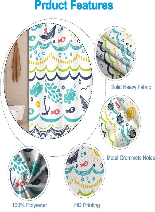 Uiiooazy Cartoon Sea Fishes Shower Curtain for Bathroom Clouds Sun Waterproof Fabric Bathtub Curtains Rain Boat Cartoon Wave Bathroom Decoration for Kids Shower Curtains with Hooks 65x72 inches - Image 4
