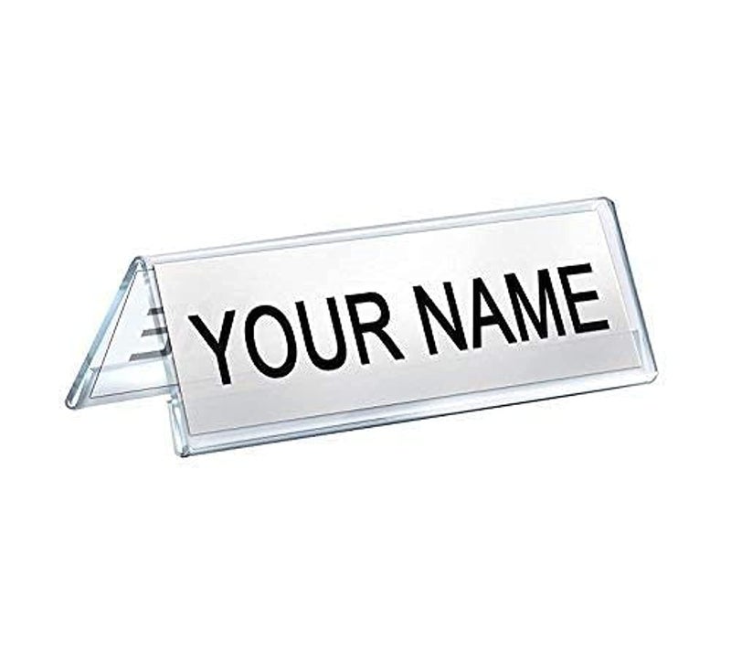 Shuban Clear Acrylic Desk Name Plate Holder – 10 Pack 2-Sided 12 Inch x 02 Inch V-Shaped Display Stand for Name Plates, Table Place Cards, Signs & Labels – Reusable for Office, Business, Weddings, Restaurants & Schools - Image 1