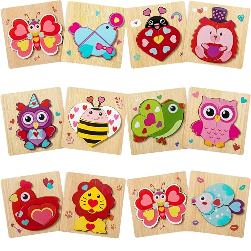 Capoda 12 Pack Valentines Animal Wooden Puzzles Wood Animal Jigsaw for Toddlers Montessori Preschool Learning Games Educational Toys for Boys Girls Classroom Exchange Gifts Party Favors - Image 1