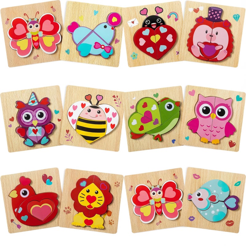 Capoda 12 Pack Valentines Animal Wooden Puzzles Wood Animal Jigsaw for Toddlers Montessori Preschool Learning Games Educational Toys for Boys Girls Classroom Exchange Gifts Party Favors - Image 3