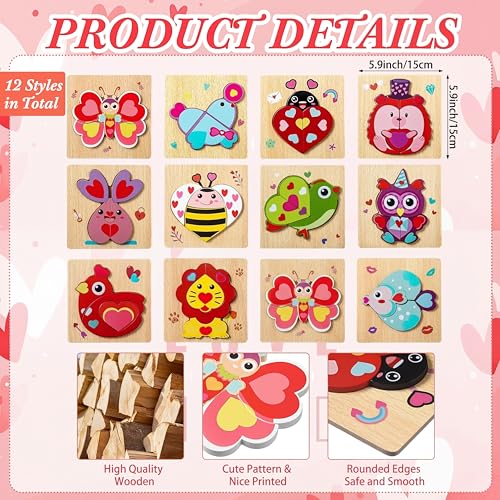Capoda 12 Pack Valentines Animal Wooden Puzzles Wood Animal Jigsaw for Toddlers Montessori Preschool Learning Games Educational Toys for Boys Girls Classroom Exchange Gifts Party Favors - Image 5