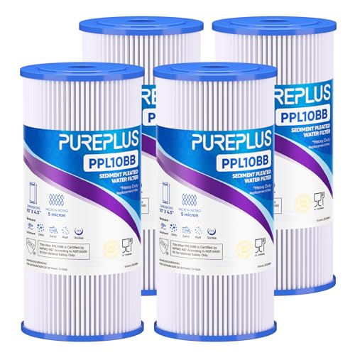 Pure Plus PUREPLUS 5 Micron 10" x 4.5" Whole House Pleated Sediment Filter for Well Water, Replacement Cartridge for GE FXHSC, Culligan R50-BBSA, Pentek R50-BB, DuPont WFHDC3001, W50PEHD, GXWH40L, 4Pack - Image 1