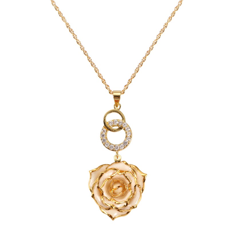 AliveRose Rose Pendant Necklaces Gifts for Women, 24K Gold Dipped Real Rose Dangle Necklace Jewelry - Ideal Gift for Her Wife Mom Anniversaries, Valentines, Birthday (Circles Ivory) - Image 1