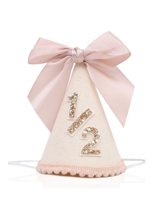 LINGANA Bow 1/2 Birthday Hat - Little Princess Half Birthday Decorations, 1/2 Way To One Birthday Crown Outfit, Sweet Cake Smash Party Photo Props, 6 Months Party Hat with Pink Bow - Image 1