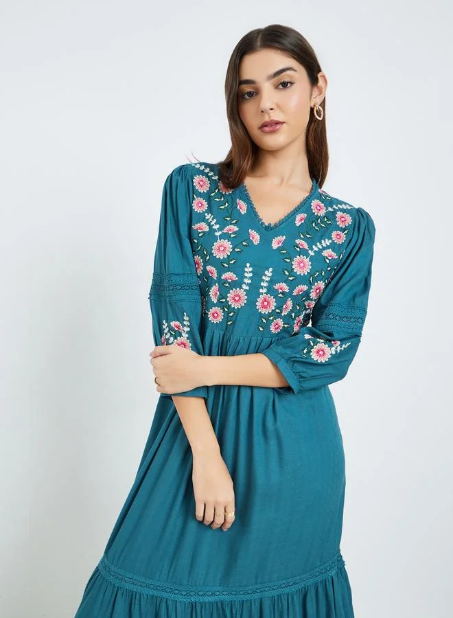 Styli Teal Embroidered Tiered Maxi Dress