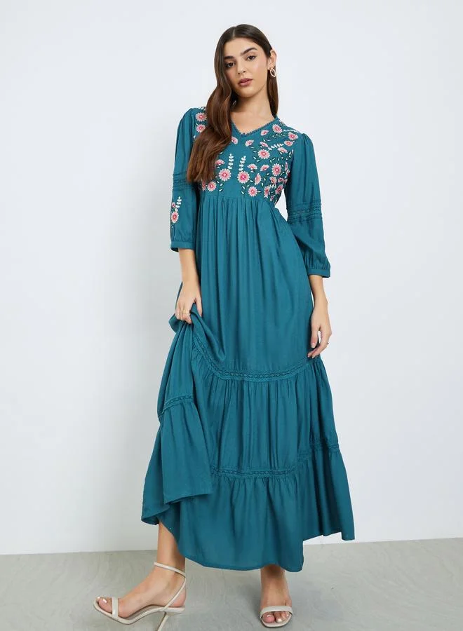 Styli Teal Embroidered Tiered Maxi Dress