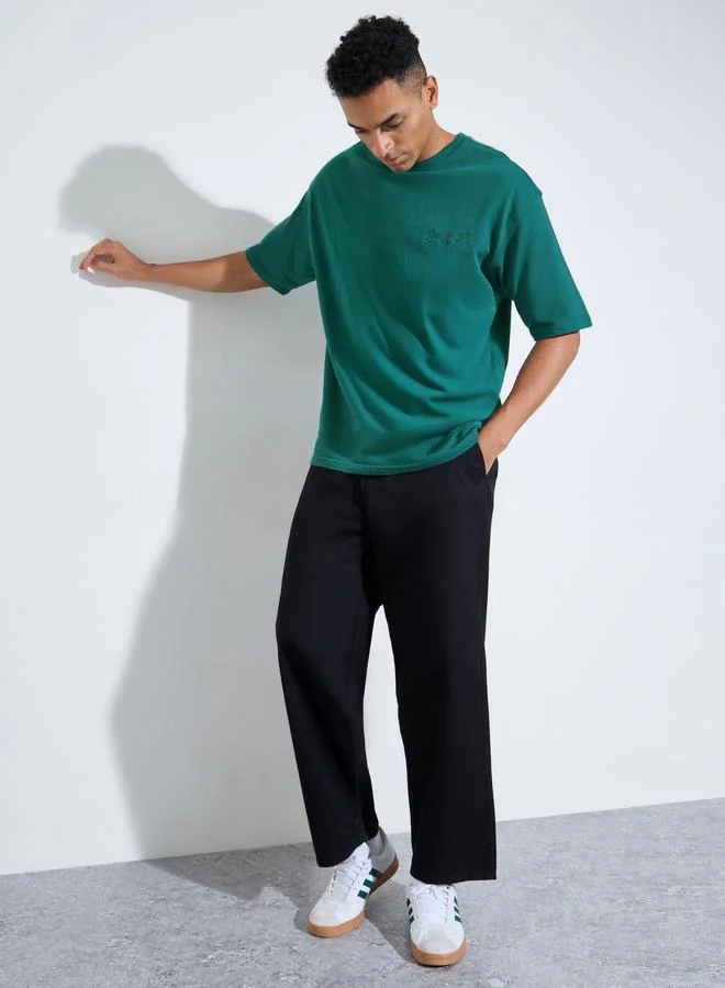 Styli Green Embroidered Crew Neck Oversized T-Shirt