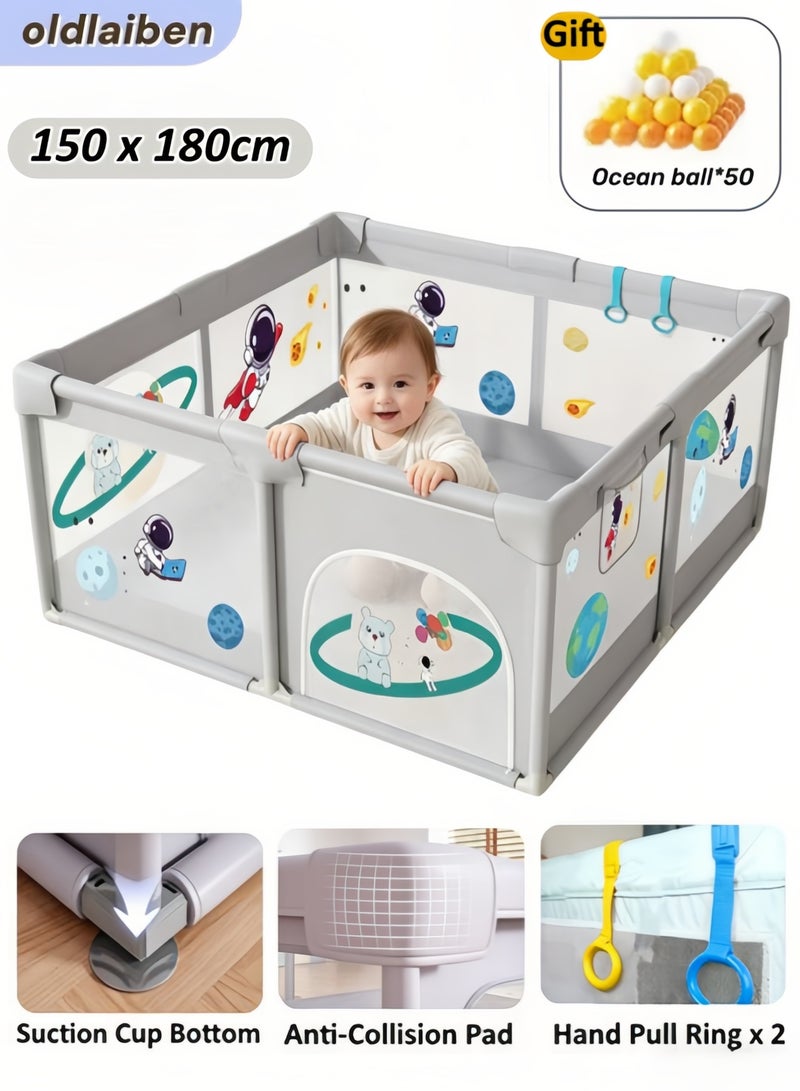 oldlaiben Baby Playpen, 150x180cm Foldable Playpen Baby Gate Crawling Safety Fence Baby Playard  Baby Active Center Game Fence with 50Pcs Ocean Balls, 2 Hand Pull Ring, Anti-Slip Base (Grey) - Image 1