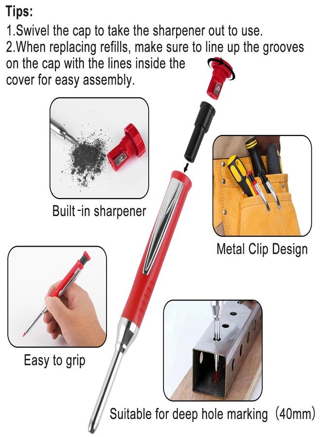 MECHEER 2 Pack Carpenter Pencils Mechanical Pencils with 12 Refills, Upgraded Construction Pencils with Built-in Sharpener, Woodworking Marking Tools Pencil Markers with Metal Clip for Architect (2 Colors) - Image 3