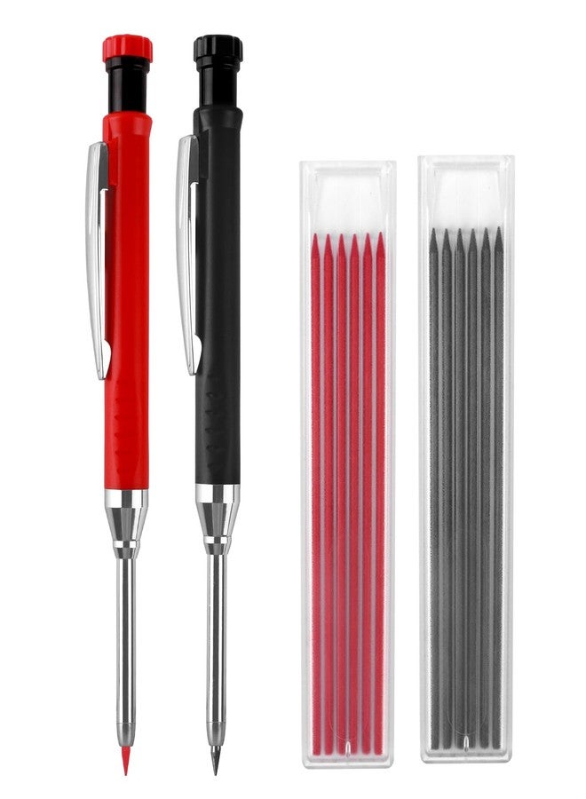 MECHEER 2 Pack Carpenter Pencils Mechanical Pencils with 12 Refills, Upgraded Construction Pencils with Built-in Sharpener, Woodworking Marking Tools Pencil Markers with Metal Clip for Architect (2 Colors) - Image 1